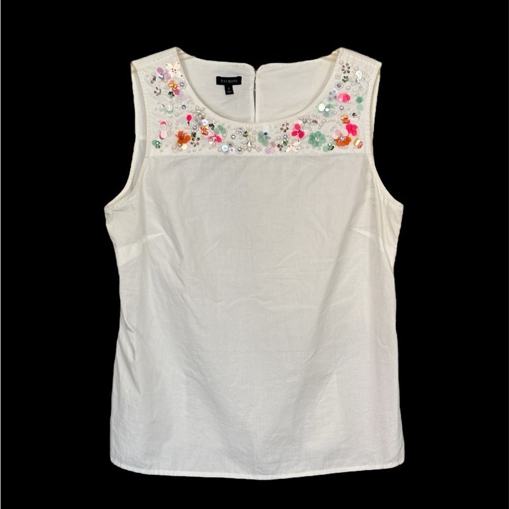 Talbots White Sleeveless Embroidered Yoke Top